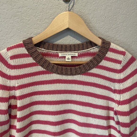 Banana Republic Womens Sweater Medium Pink Cream Stripe Cotton Chunky Knit - Picture 4 of 10